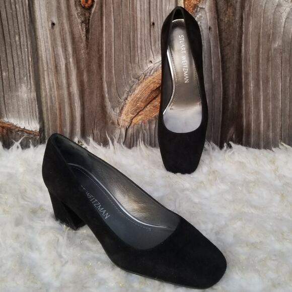 Classic Square Toe Pumps Stuart Weitzman Marymid Size 5 Black Suede Leather Heel - Picture 1 of 13